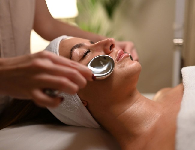 Clienta recibiendo parte del tratamiento de oxigenación facial the cure diseñado por natura bisse en el centro de zaragoza elisabeth casablanca